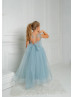 Blue Lace Tulle Beaded Long Flower Girl Dress